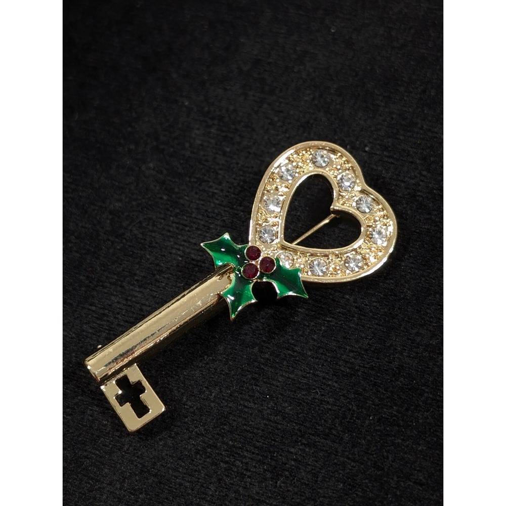 Christmas Heart Key Brooch Pin Rhinestone Holly Red Green